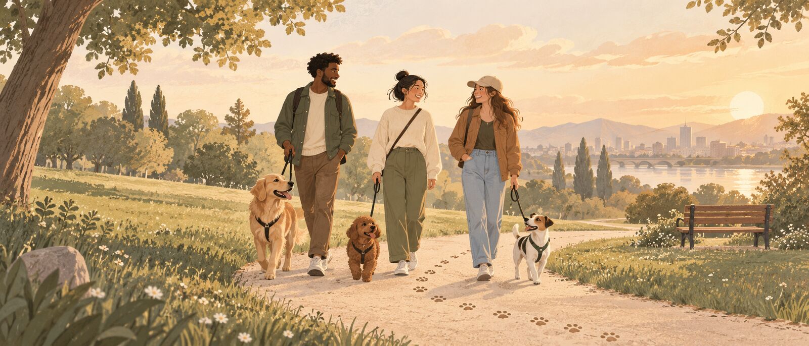Friends walking their dogs in a park at sunset